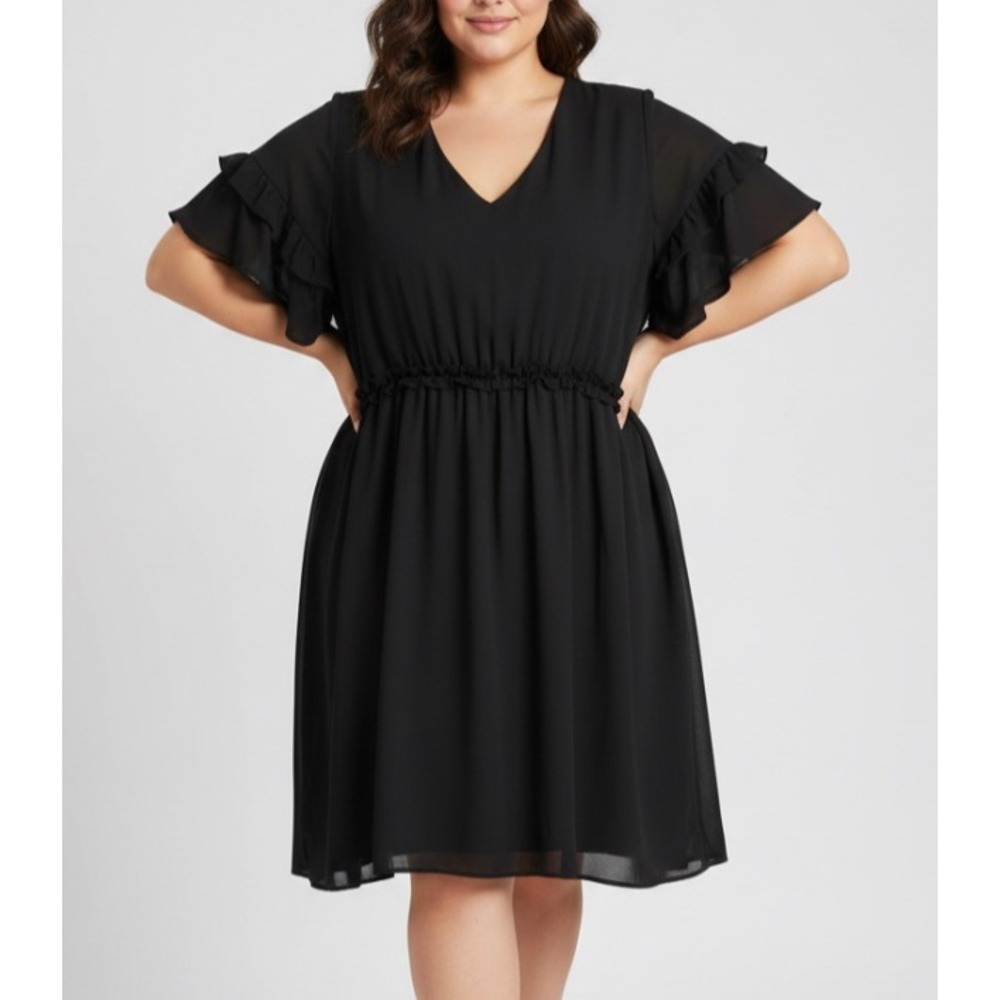 ANDREE By Unit WOMEN'S Black FLOWY V-Neck Ruffle Sleeve TIERED SHIFT DRESS Sz 2X